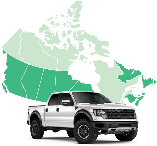 A map of Canada with the provinces we finance in shaded, and a pickup truck in front of it.